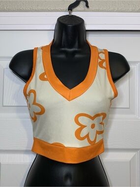 Orange V-Neck Floral Crop Tank Top